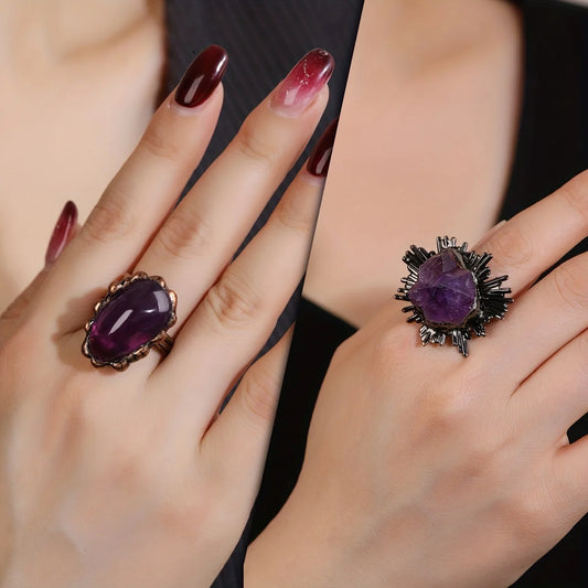 1pc Vintage Natural Purple Crystal Ring Just Pick A Style You Like (Color And Shape Of Stone Are Uncertain)