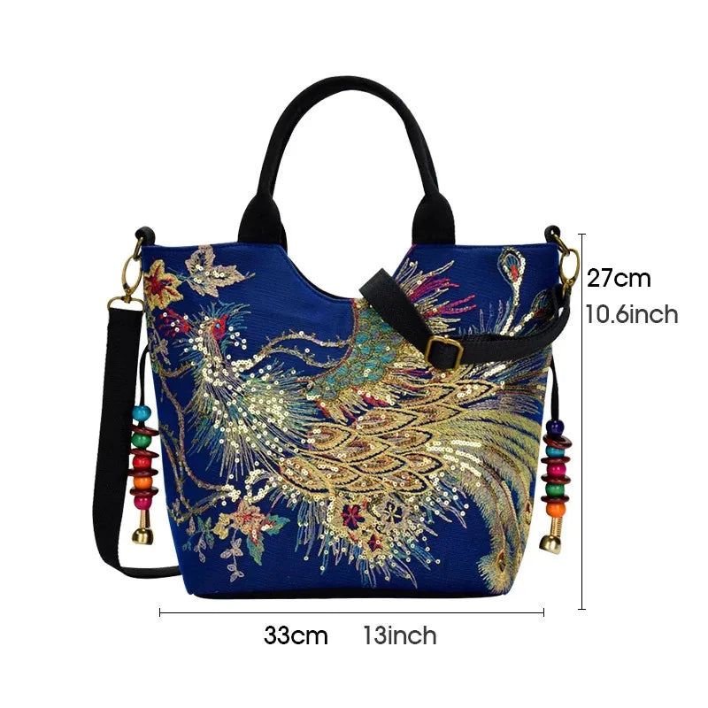 Ethnic Style Sequins Tote Bag, Peacock Embroidery Handbags, Vintage Canvas Crossbody Bag