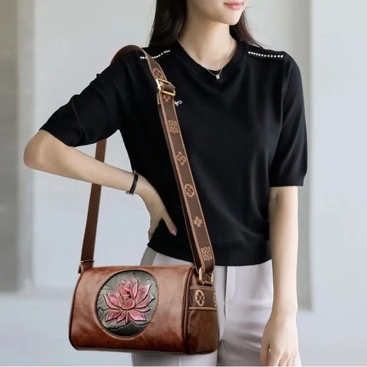 Lotus Embossed Barrel Shoulder Bag | Soft PU Leather Crossbody Purse | Women's Boho Handbag | 3 Colors