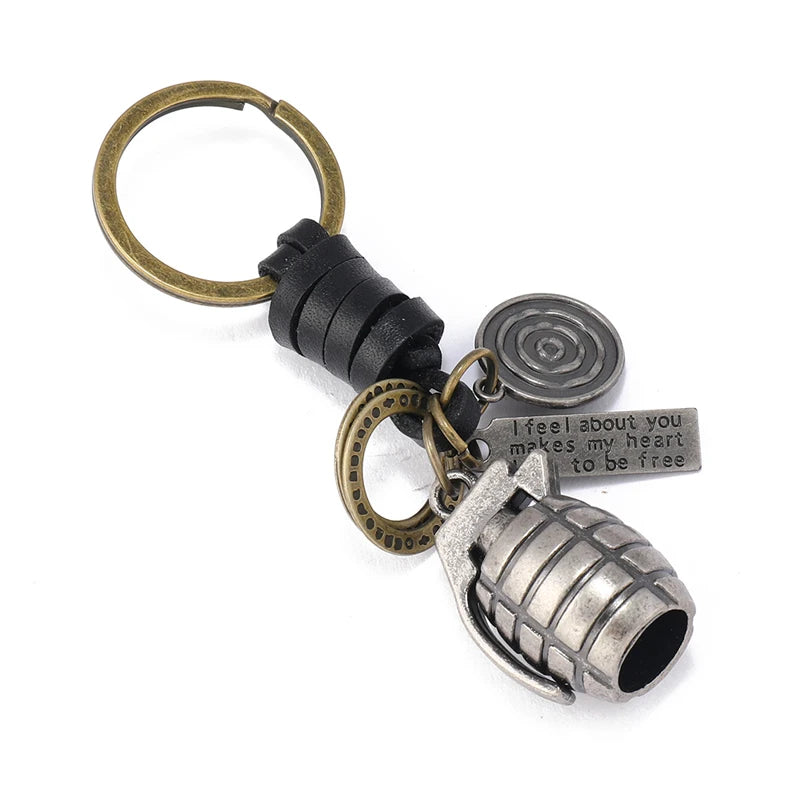 Grenade Pendant Leather Keychain — Vintage Sentiment Tag | Men's Accessory
