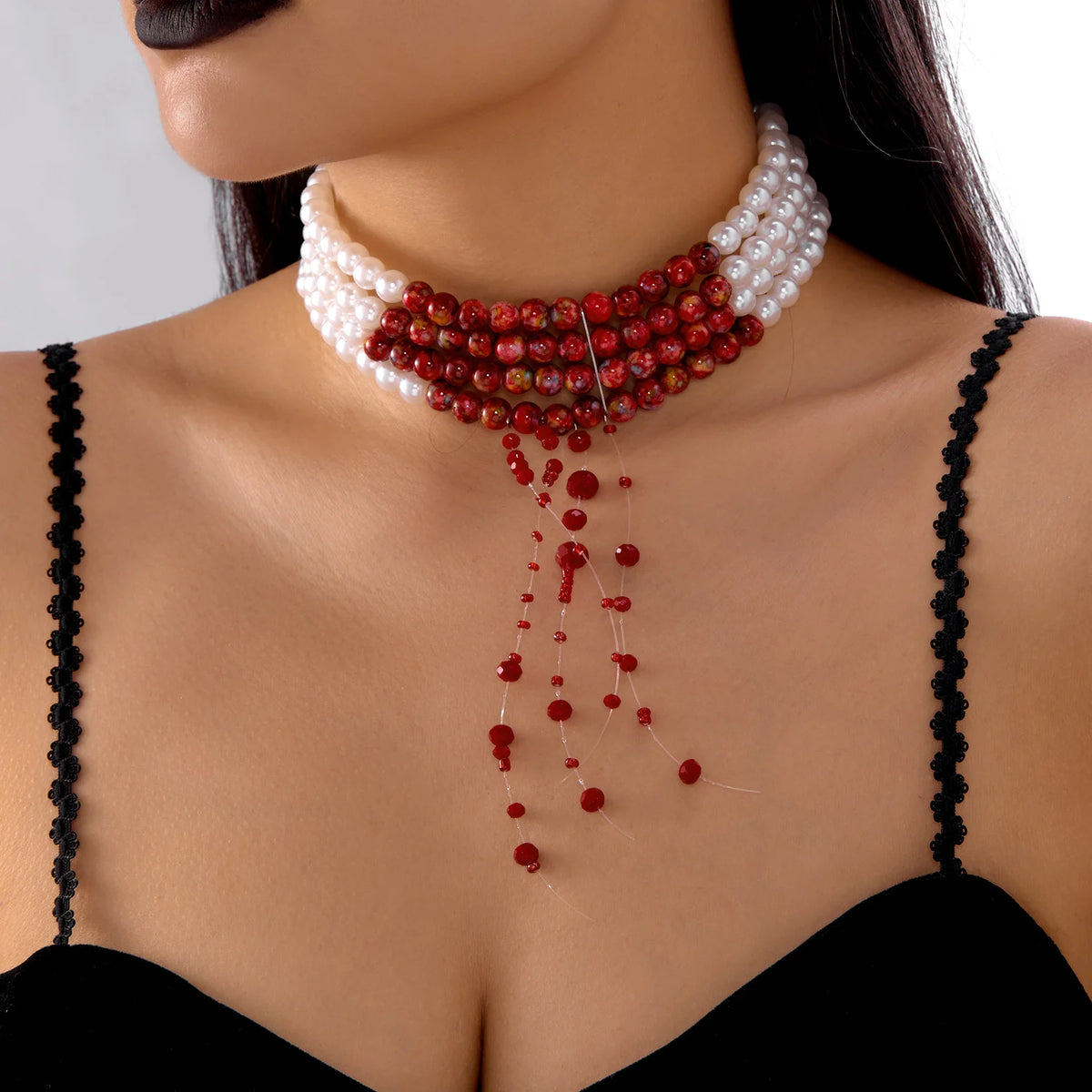 Halloween Faux Pearl Choker – Red Beaded Drops