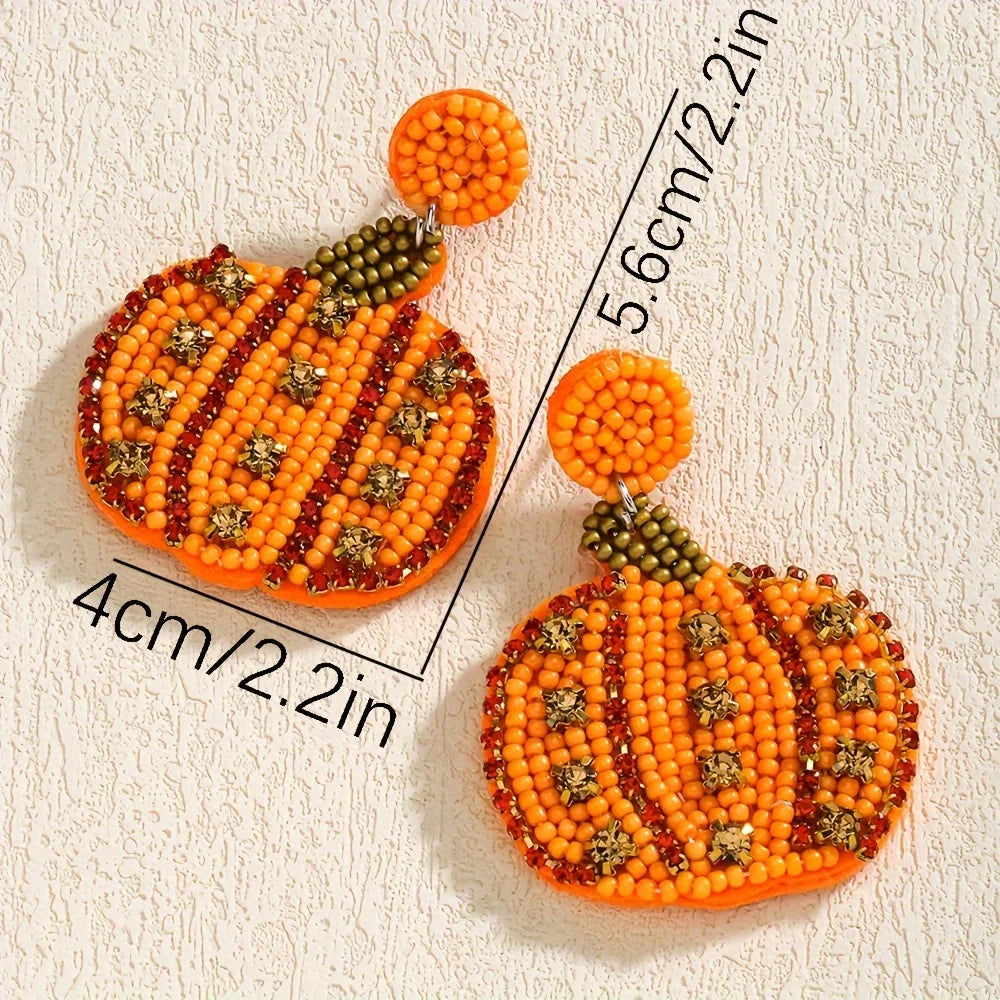 Bohemian Handmade Beaded Rhinestone Pumpkin Earrings,Thanksgiving Halloween Cute Rice Bead Party Women Accessories