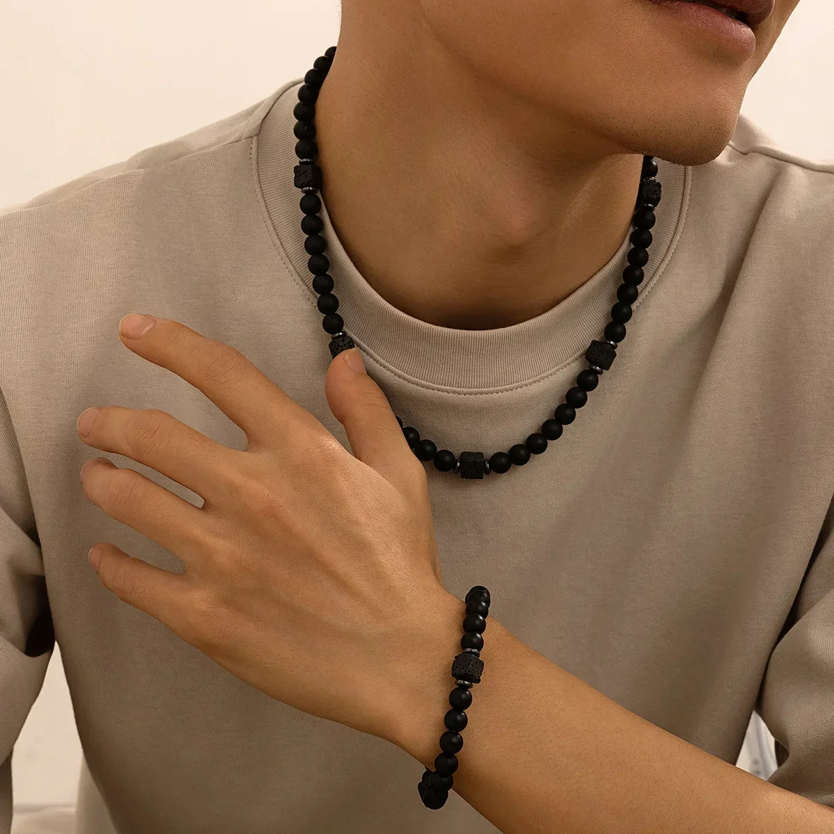 Men's 8mm Natural Matte Black Onyx & Lava Stone Bracelet & Necklace Set