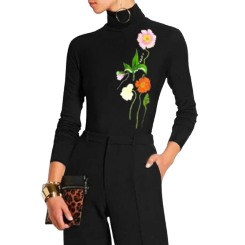Colorful Fashion Floral Printed High Neck T-Shirts/Tops Long Sleeves Casual