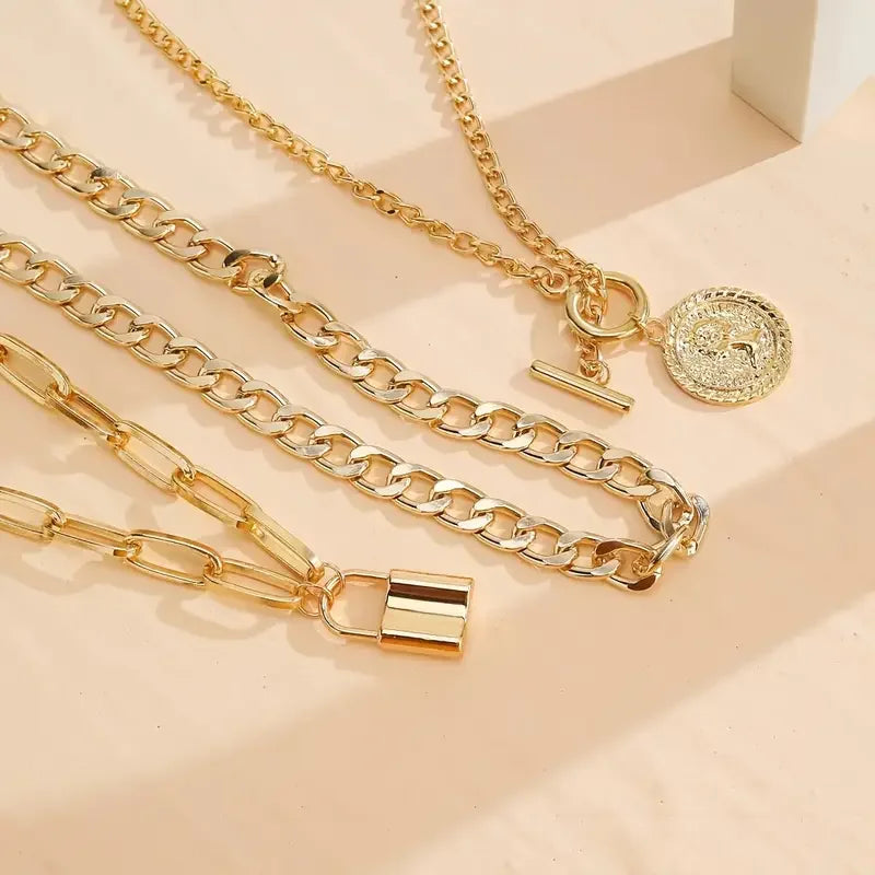 Women's 3-Piece Layered Gold Chain Necklace Set | Lock, Coin & Link Pendant