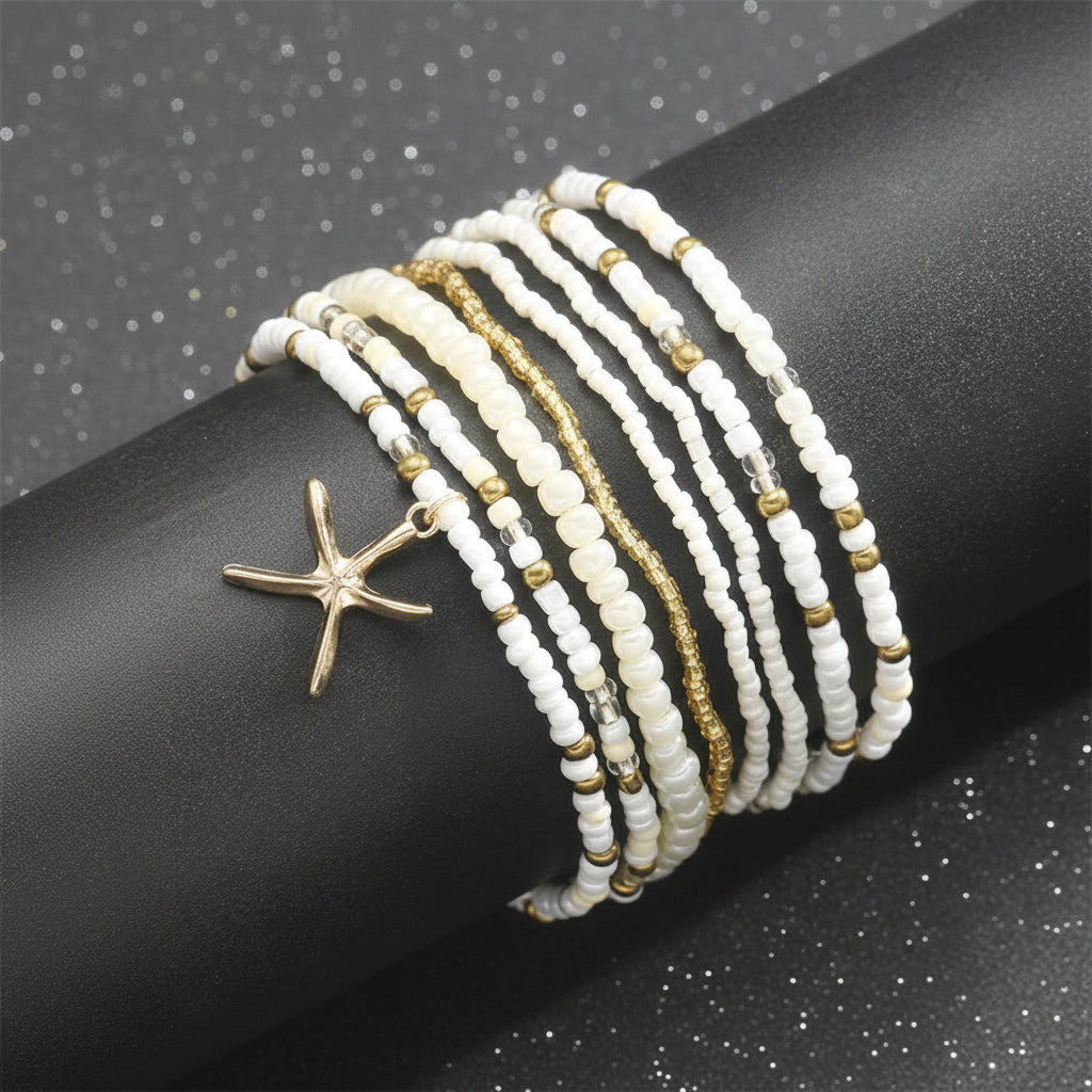 Fashion Summer Beach Starfish Shell Charm Rice Bead Anklet Set For Women