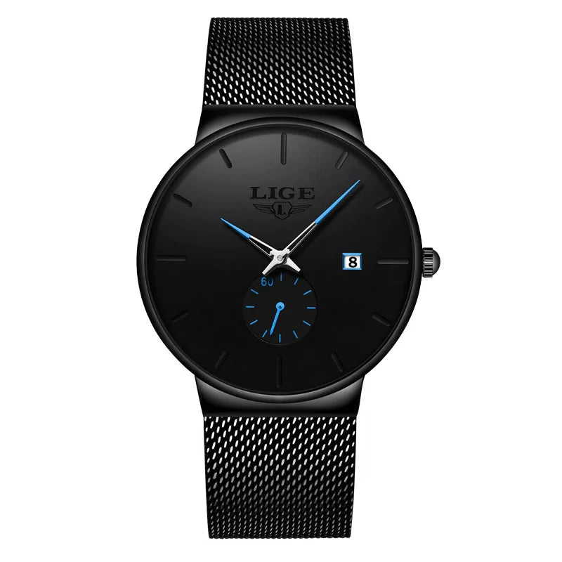 LIGE Men's Fashion Slim Quartz Watch | Mesh Steel Band | Waterproof | Auto Date