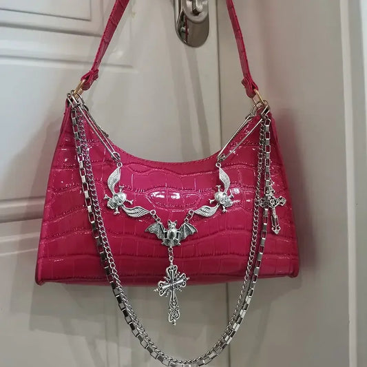 Y2K Gothic Skull Chain Shoulder Bag for Women | Punk Baguette Handbag | Black, Green, Pink, Red