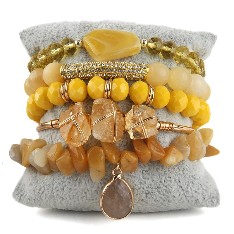 Natural Stone Beaded Bracelet Set - 5 Piece Bohemian Stack