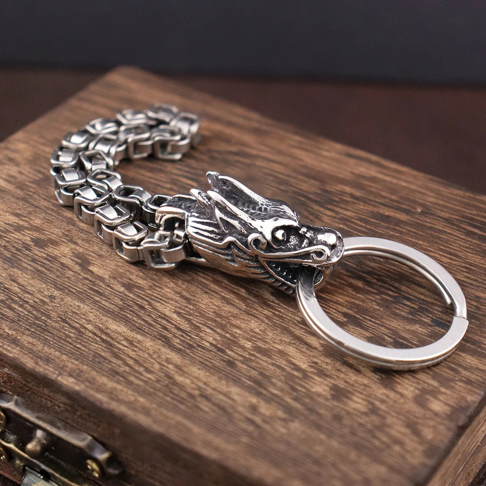 Chinese Dragon Head Stainless Steel Keychain — Viking Style | Men's Gift