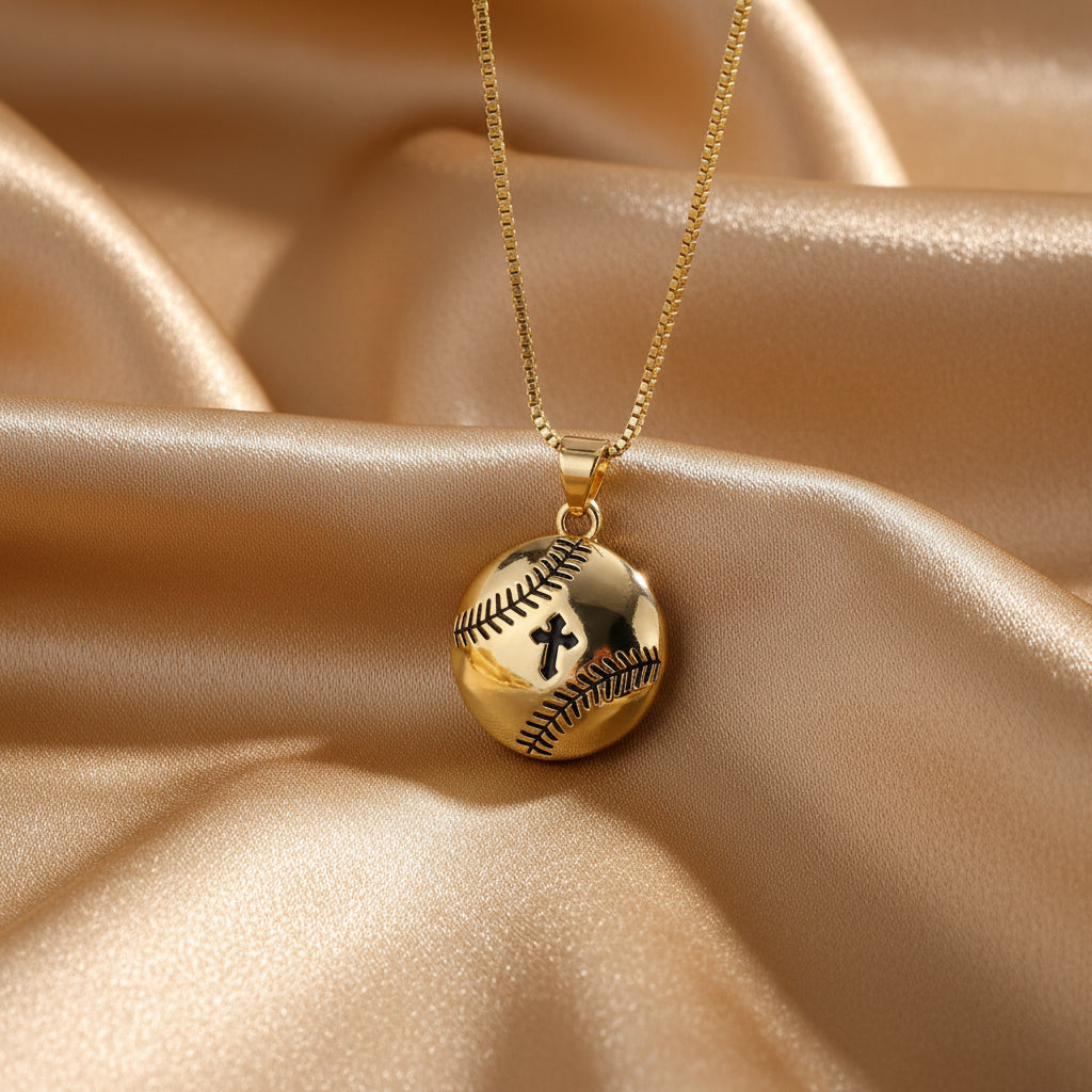 Sport Ball Cross Charm Pendant Necklace with Zircon – Baseball, Basketball & Rugby