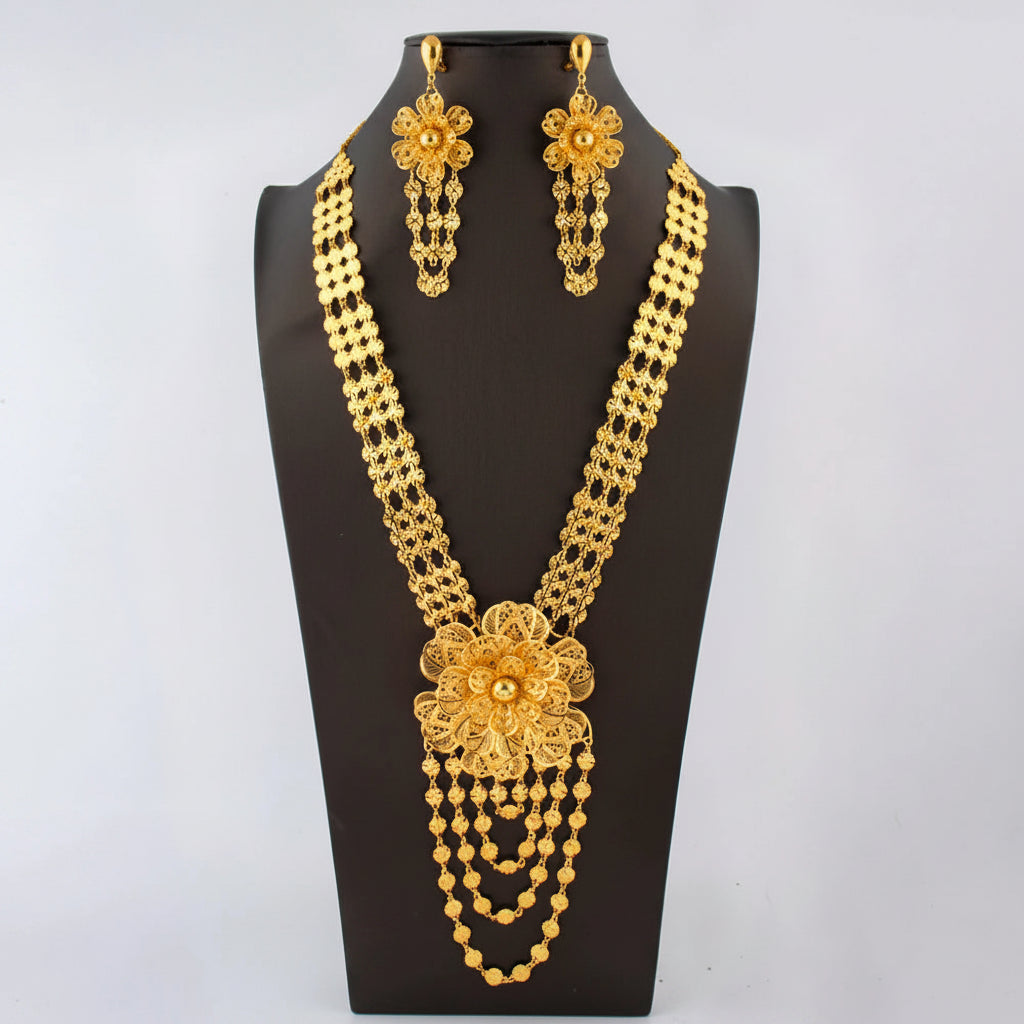 24K Gold Plated Double Layer Flower Tassel Necklace & Earrings Set | Dubai African Bridal Jewelry