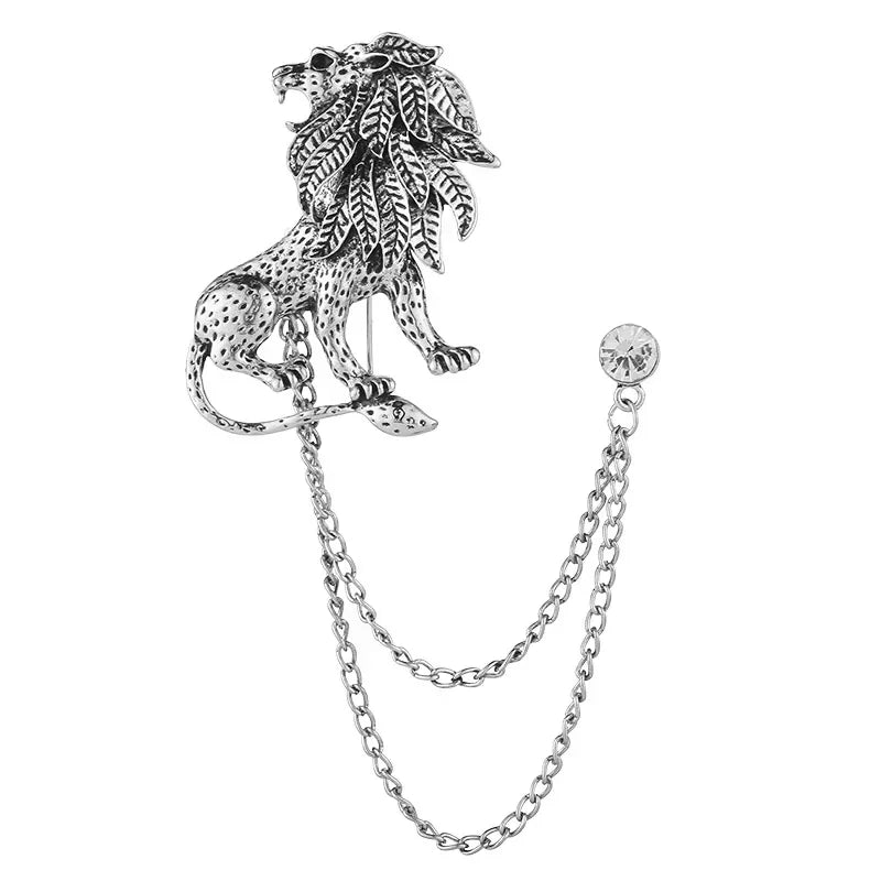 Men's Crystal Lion Brooch with Double Tassel Chain – Suit Lapel Pin