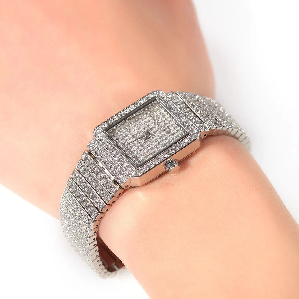 Luxury Gold Women's Watches Fashion Hip Hop Iced Diamond Jewelry Waterproof Square WristWatch Ladies Gift Free Shipping