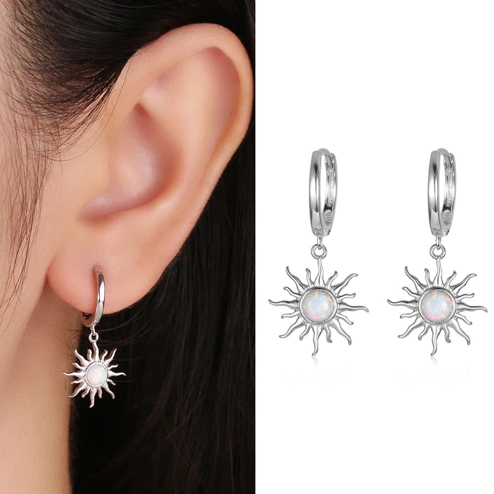 100% 925 Real Sterling Silver Sun Design with Opal Stone Hoop Earrings Gift for Girls Friend Kid Lady Fine Jewelry 2022