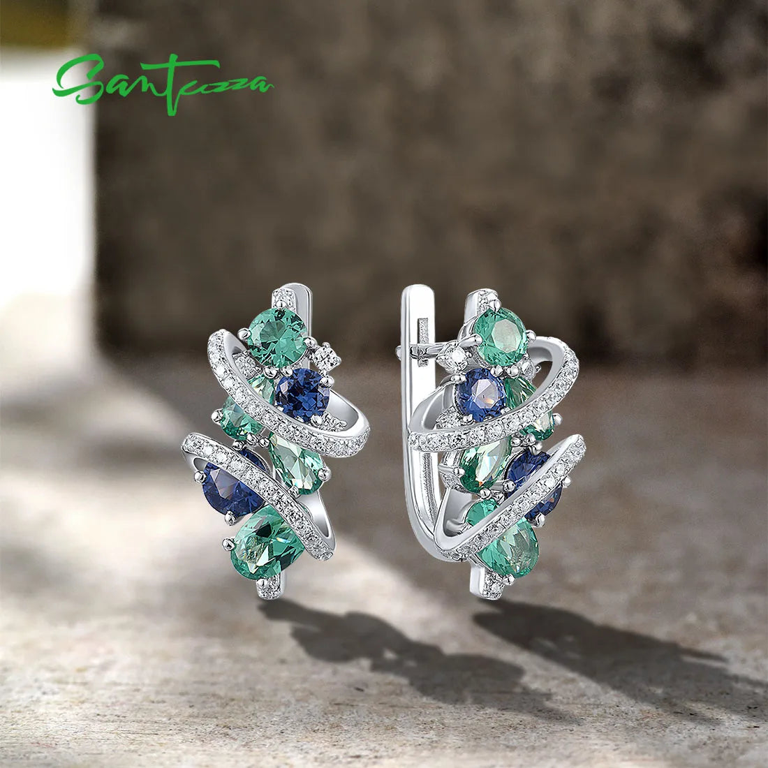 Silver Earrings For Women Pure 925 Sterling Silver Sparkling Blue Green Spinel White CZ Earrings Charming Fine Jewelry