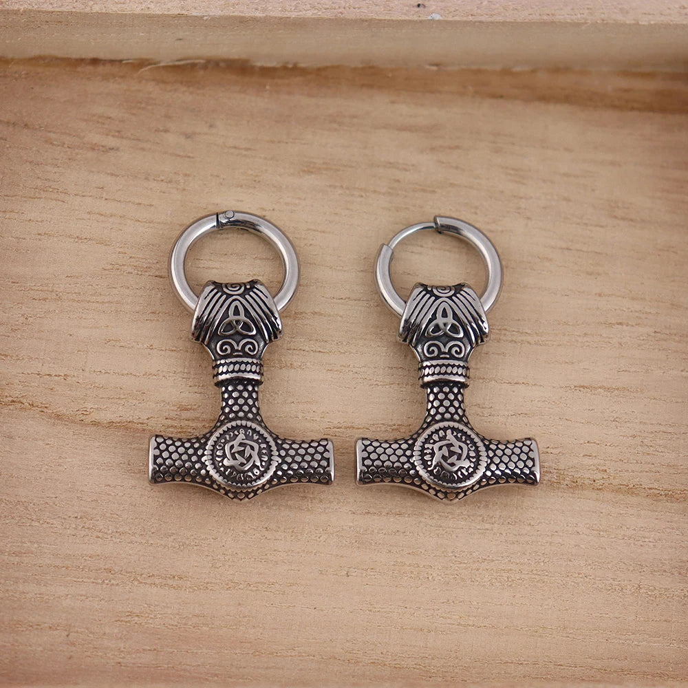 Stainless Steel Men's Thor's Hammer Viking Earrings Vintage Nordic Celtic Knot Rune Drop Earring Hip-hop Biker Jewelry Wholesale