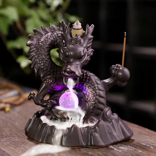 Ceramic Chinese Auspicious Dragon Backflow Incense Burner Creative LED Light Backflow Sandalwood Stove Home Decorations and Acce