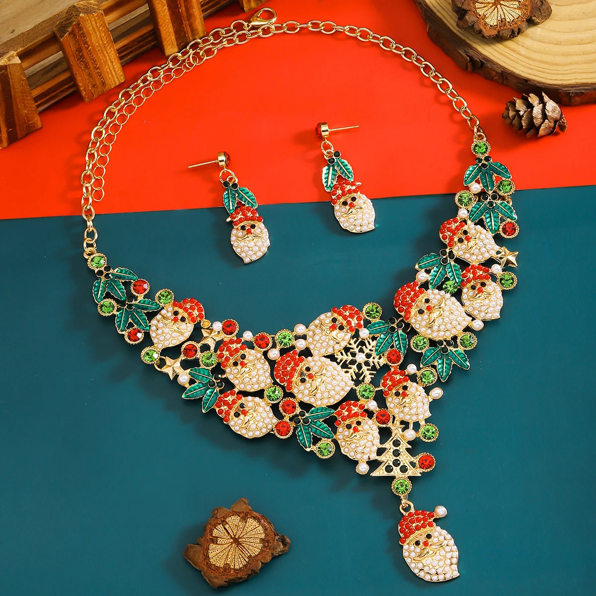 3pcs Elegant Rhinestone Beaded Christmas Necklace Earrings Set,Cute Rice Bead Enamel Santa Clau Party Women Accessorie