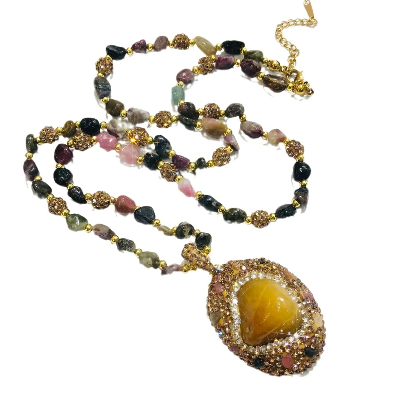 Natural Tourmaline Pendant Necklace - Retro Long Chain Necklace