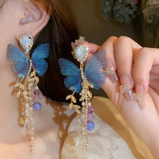 Butterfly Pearl Drop Earrings with Crystal Tassel