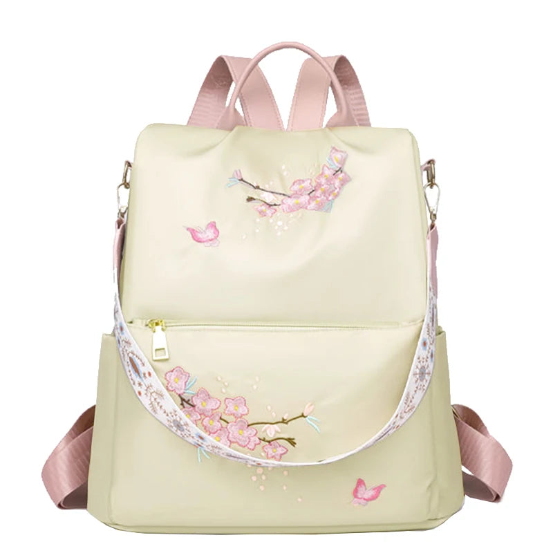 Women's Floral Embroidered Anti-Theft Backpack | Lightweight Nylon Travel Bag