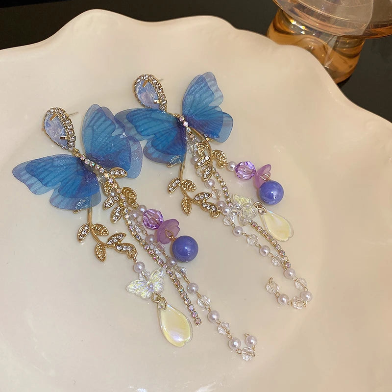 Pink Butterfly Tassel Earrings - Sparkly Crystal Drop Earrings