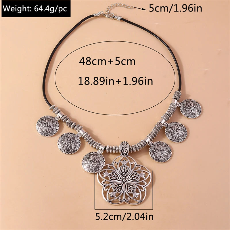 Ethnic Tibetan Silver Alloy Flower Pendant Necklace for Women Girls Party Holiday Jewelry Accessories