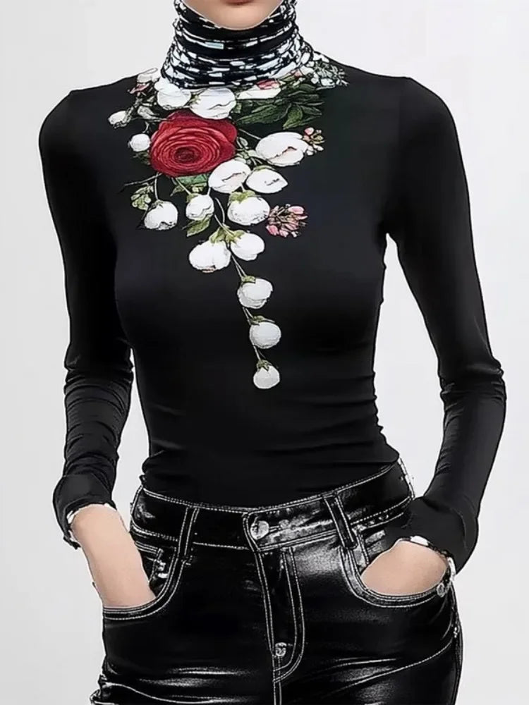 High Neck Floral Printed Pullover Tops Long Sleeves Skinny Casual