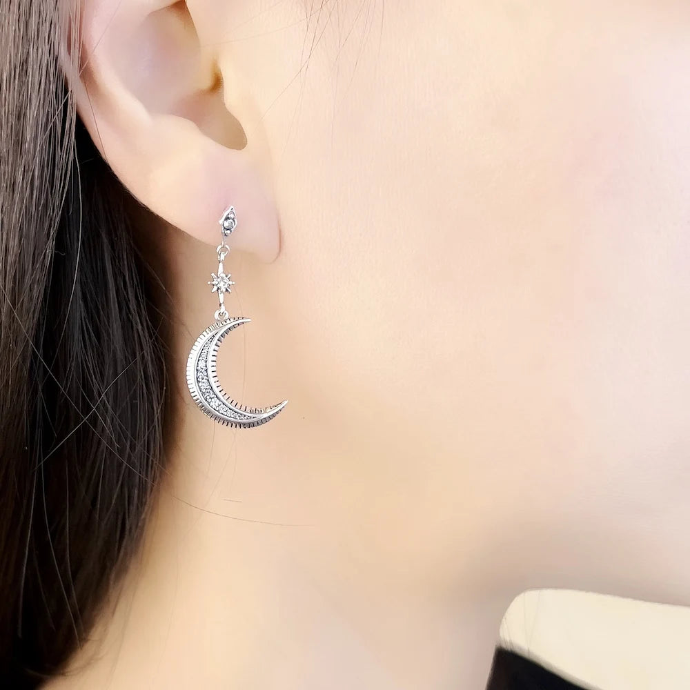 Fashion Magical Star & Moon Drop Earrings, Sterling Silver 925