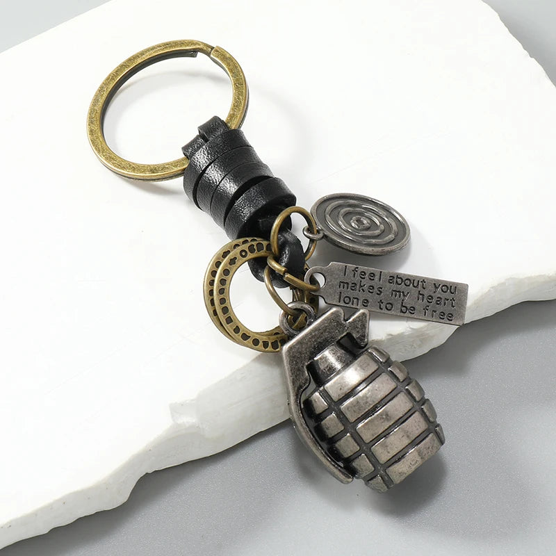 Grenade Pendant Leather Keychain — Vintage Sentiment Tag | Men's Accessory