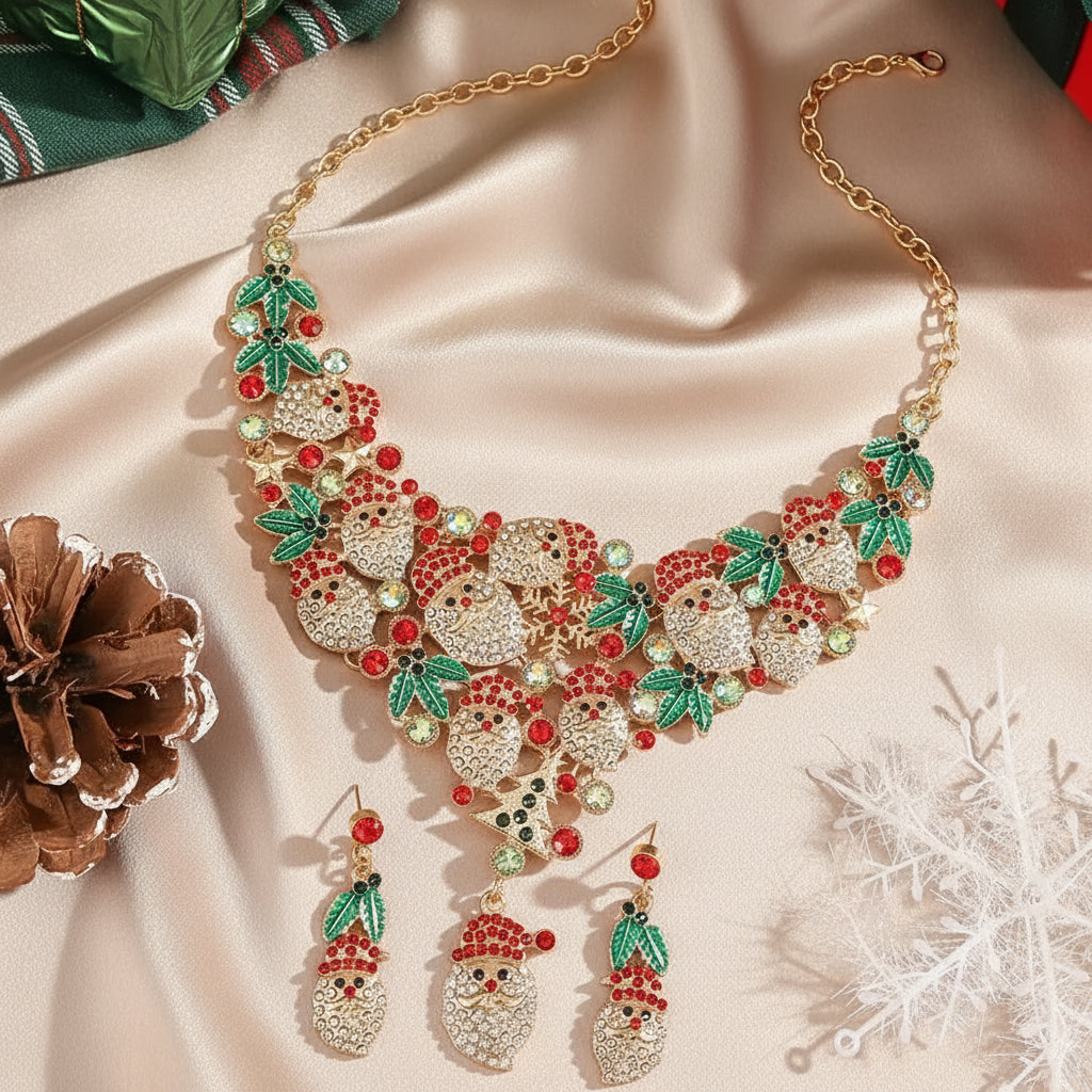 3pcs/set Elegant Lovely Christmas Jewelry Set, Rhinestone Santa Wreath Pendant Necklace+Earrings For Women Trendy Jewelry Gifts
