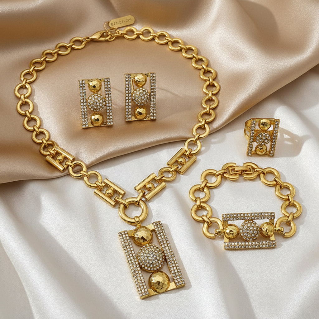 Dubai 18K Gold Plated Luxury Jewelry Set – Rhinestone Necklace, Bracelet, Earrings & Ring