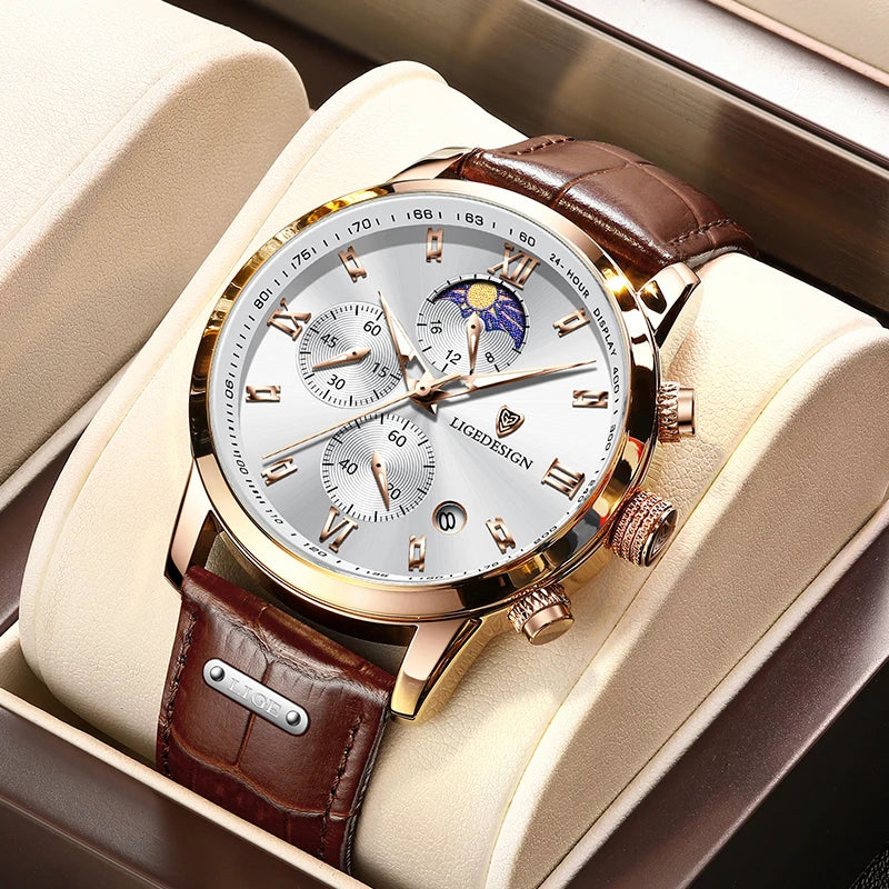 LIGE Men's Luxury Chronograph Watch | Moon Phase | Leather Band | Quartz Movement