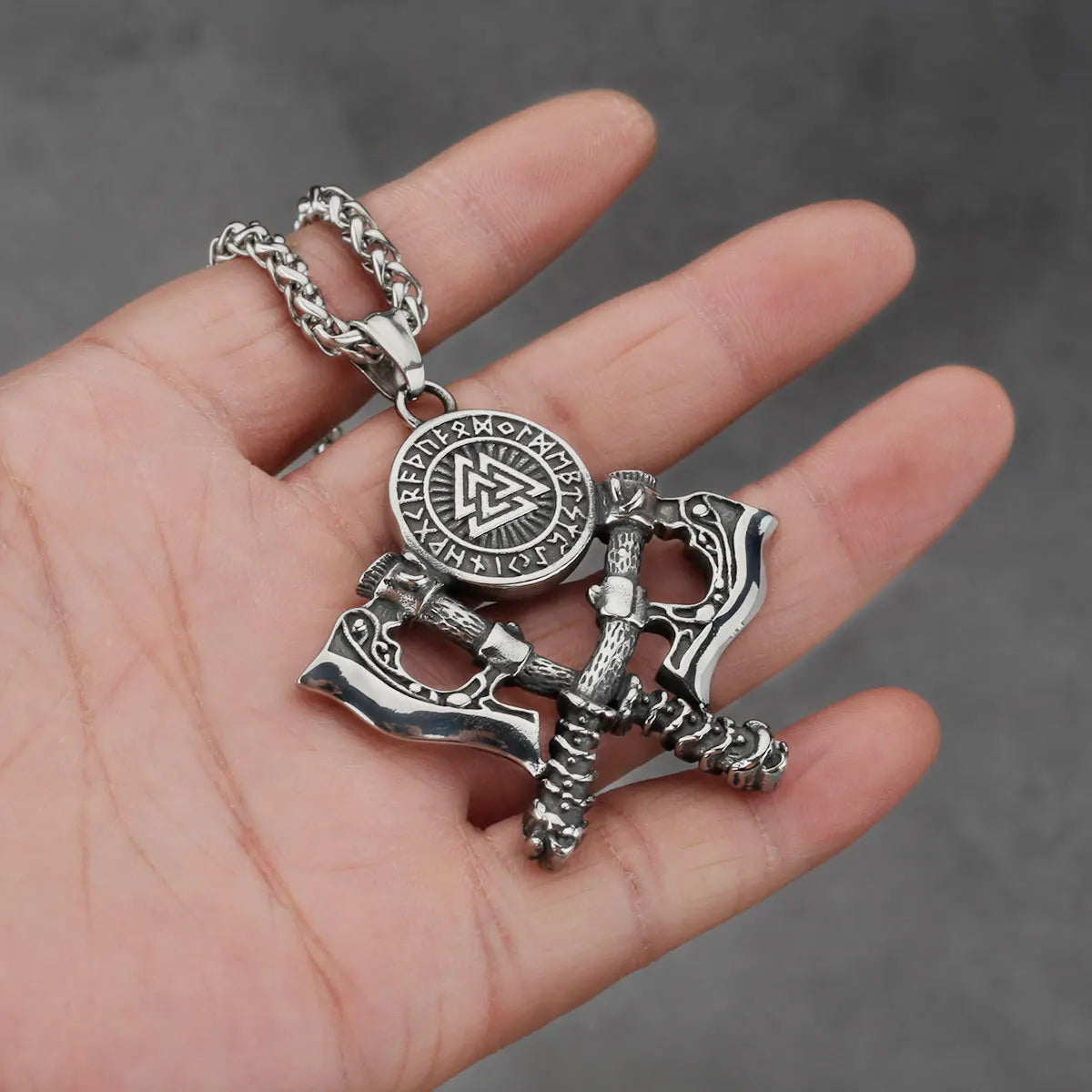 Men's 316L Stainless Steel Double Axe Viking Pendant Chain Necklace