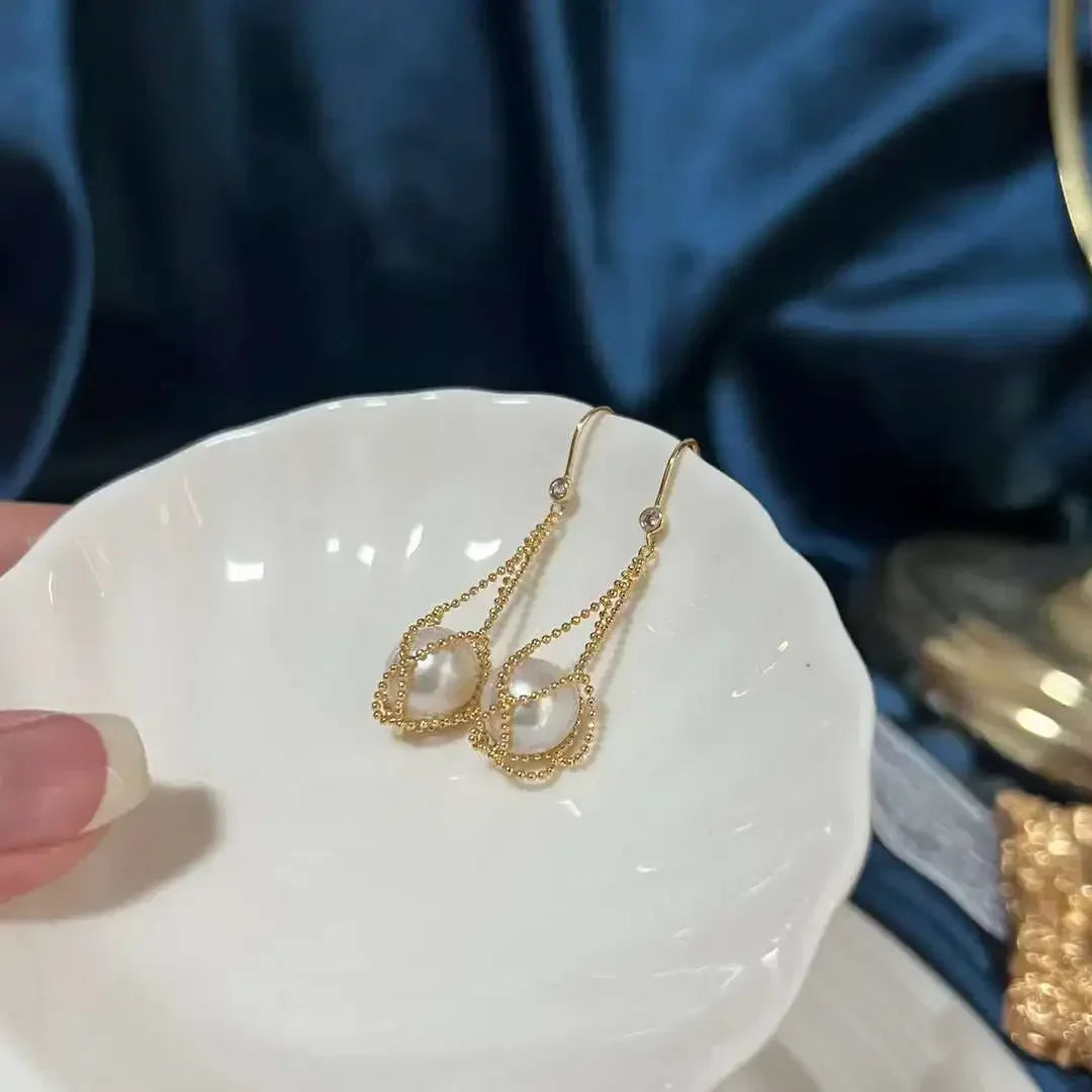 Lace Bean Lantern Earrings 10-11MM Edison Round Beads Freshwater Pearl Earrings Hanging Pearl Earrings Stud Jewelry