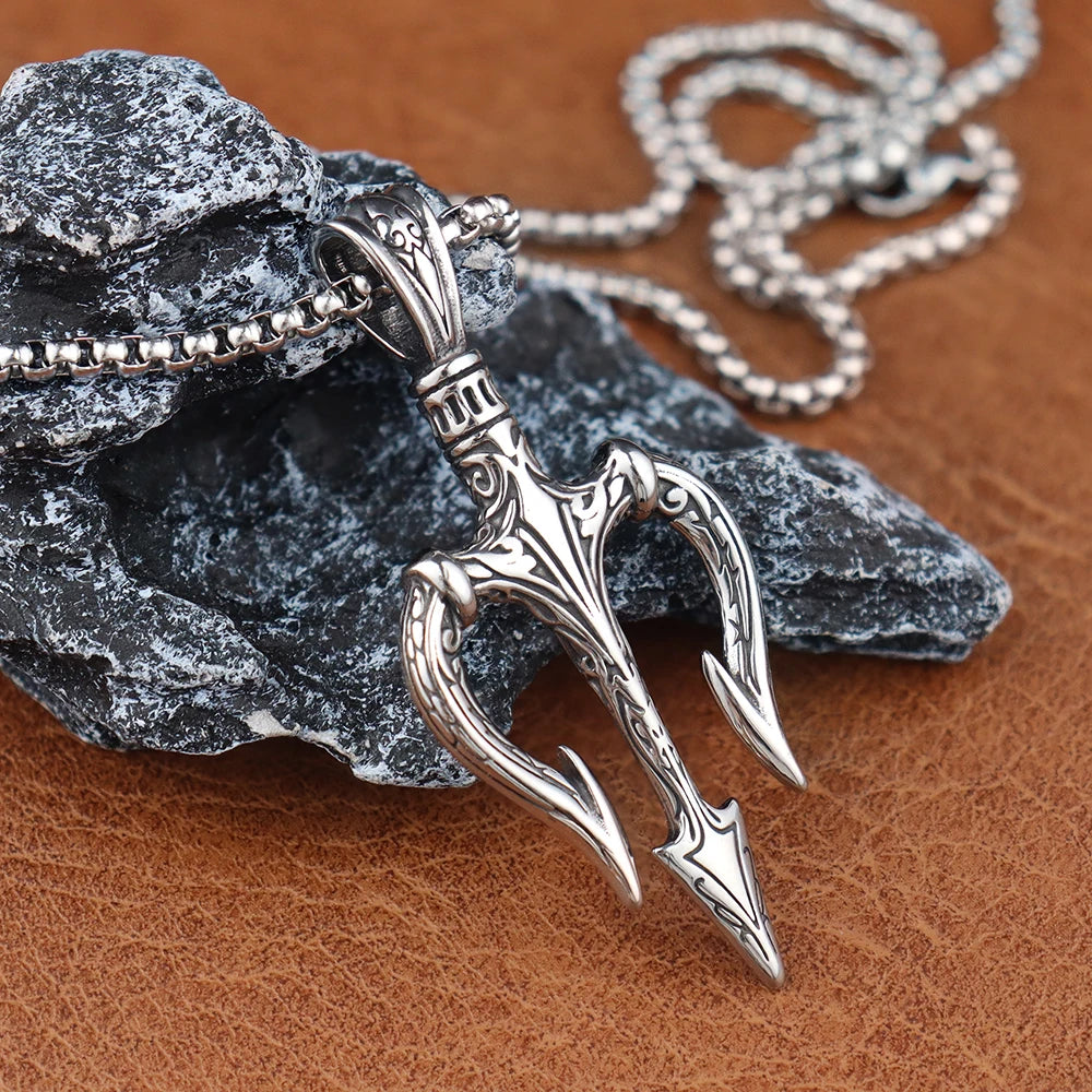 Poseidon's Trident Pendant - Stainless Steel Viking Warrior Necklace
