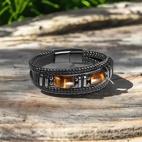 Tiger Eye Black Leather Bracelet Men Natural Gemstone Crystal Stone Jewelry Handmade Courage Protection Bracelet