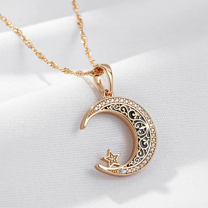 Trend Black Enamel Stars Moon Pendant Necklace for Women 585 Rose Gold Color With Natural Zircon Fine Daily Ethnic Jewelry