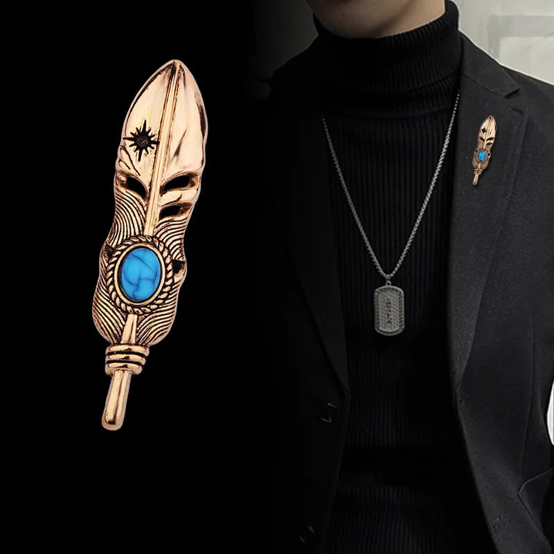 Men's Vintage Turquoise Feather Brooch – Suit Lapel Pin