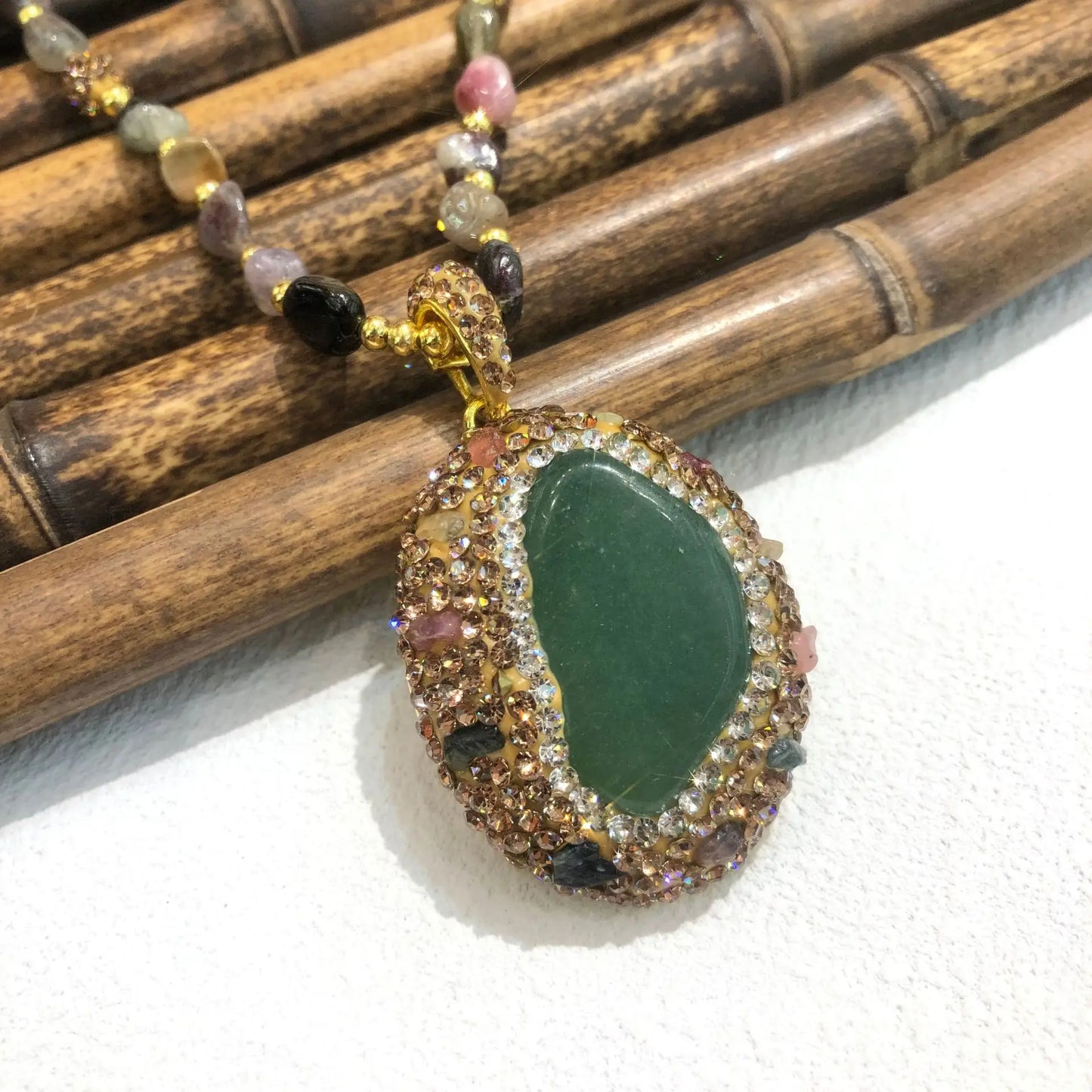 Natural Tourmaline Pendant Necklace - Retro Long Chain Necklace