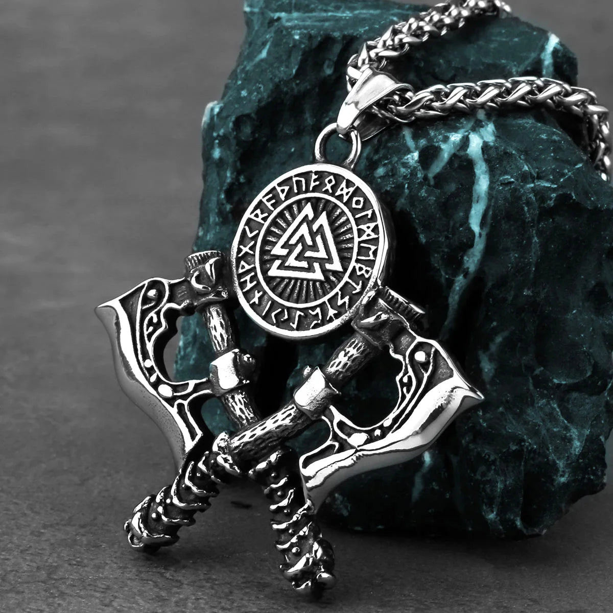 Men's 316L Stainless Steel Double Axe Viking Pendant Chain Necklace