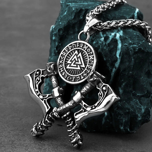 Men's 316L Stainless Steel Double Axe Viking Pendant Chain Necklace
