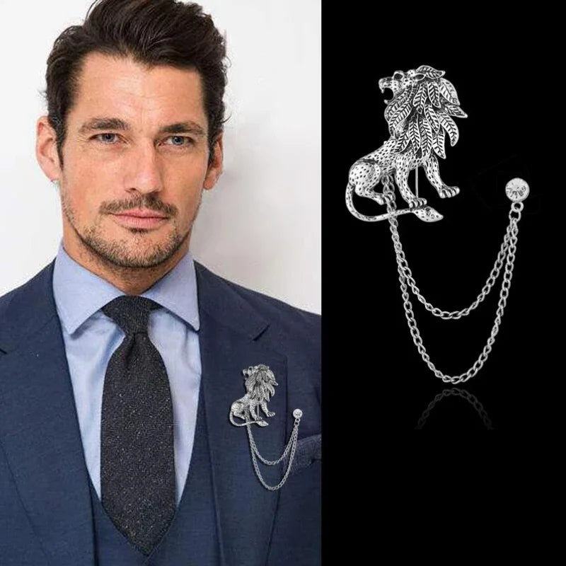 Men's Crystal Lion Brooch with Double Tassel Chain – Suit Lapel Pin