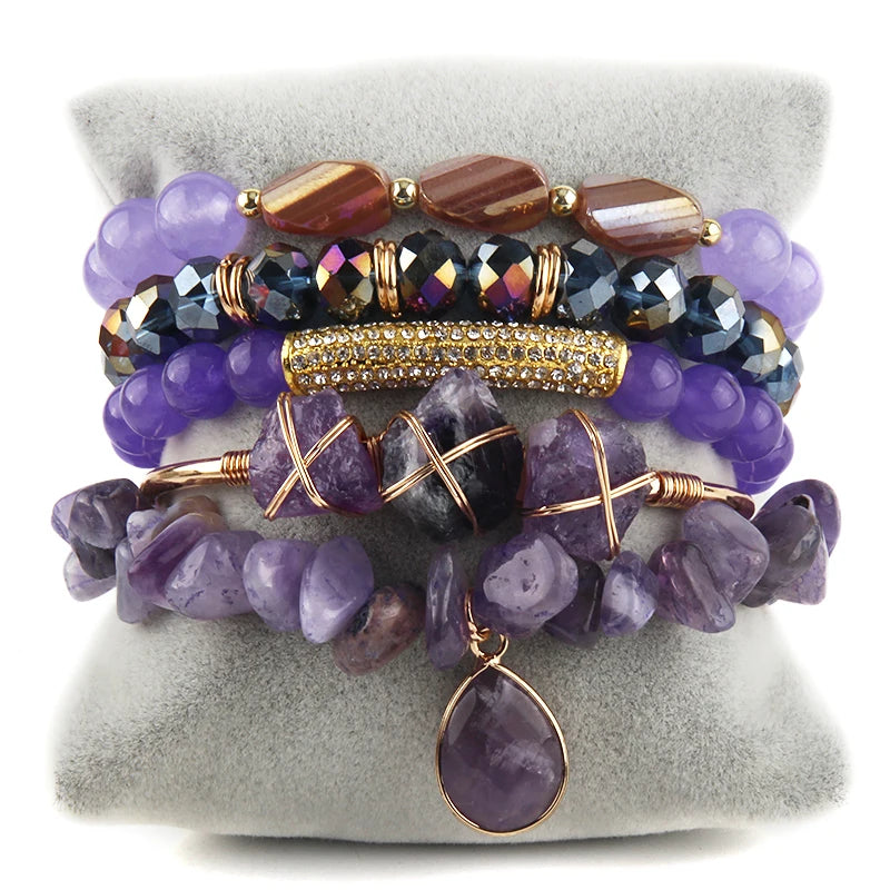 Natural Stone Beaded Bracelet Set - 5 Piece Bohemian Stack