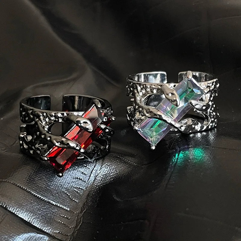 Punk Black Thorns Ring with Rhinestones | Open Adjustable Couple Ring