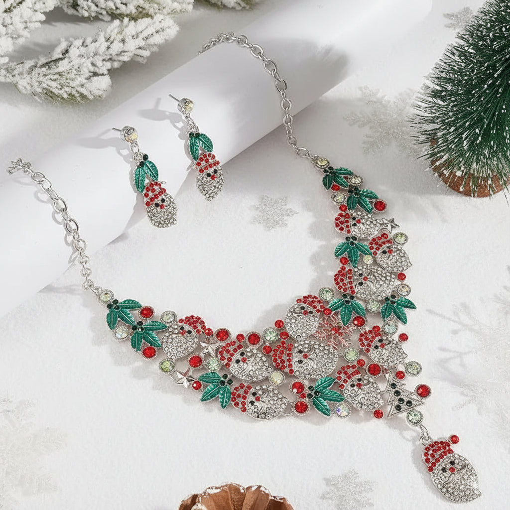 3pcs/set Elegant Lovely Christmas Jewelry Set, Rhinestone Santa Wreath Pendant Necklace+Earrings For Women Trendy Jewelry Gifts