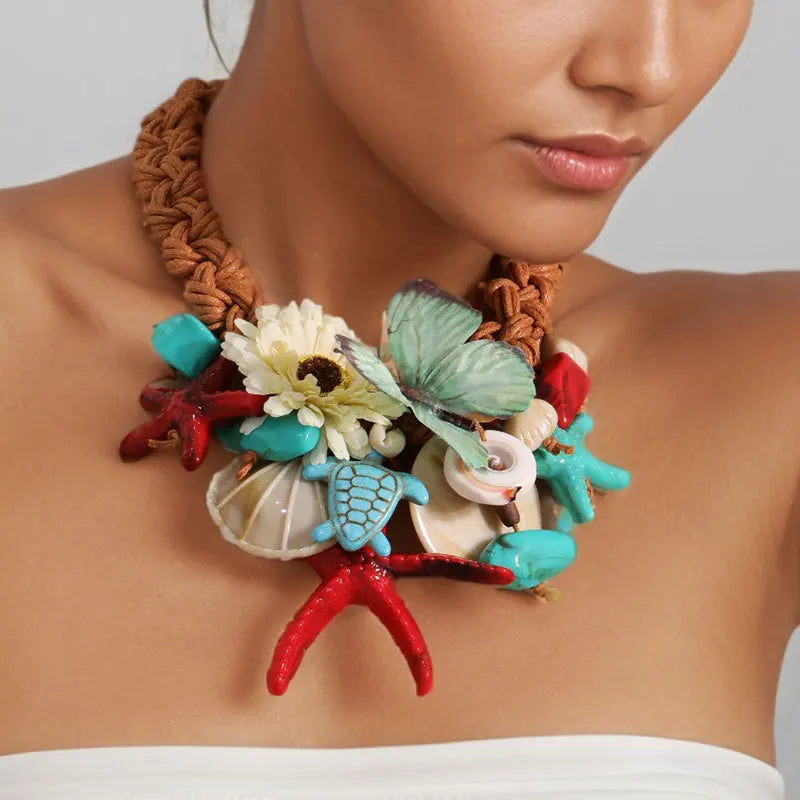 Statement Boho Simulation Starfish Sea Turtle Butterfly Exaggerated Necklace for Women Trendy Wedding Party Jewelry