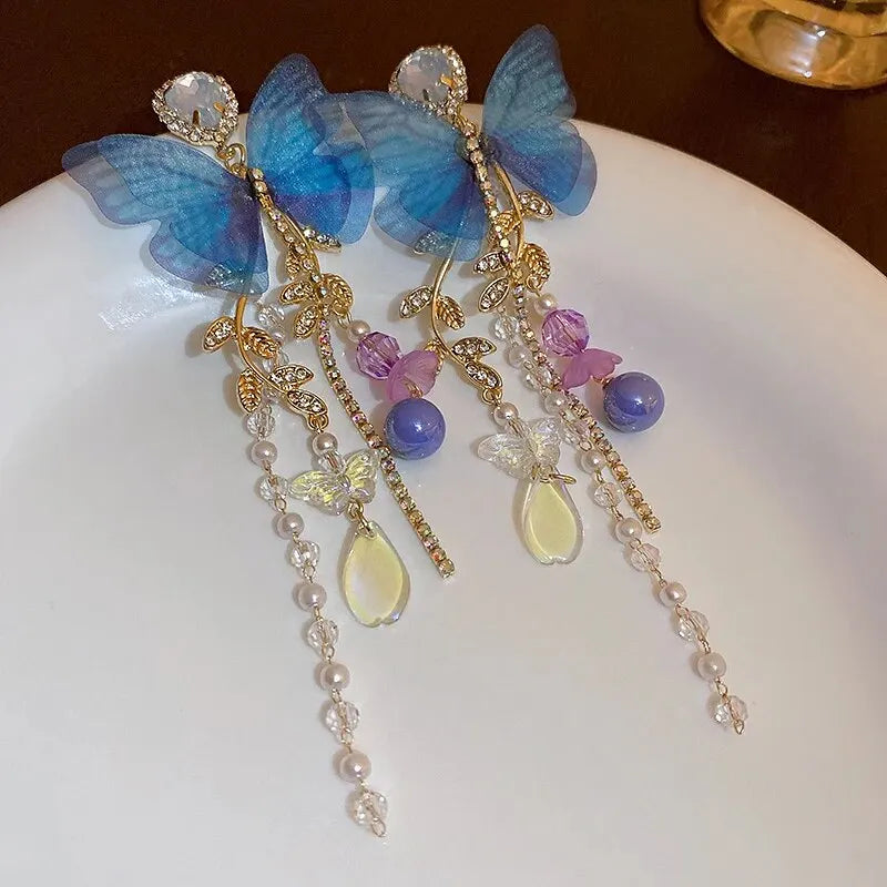 Butterfly Pearl Drop Earrings with Crystal Tassel