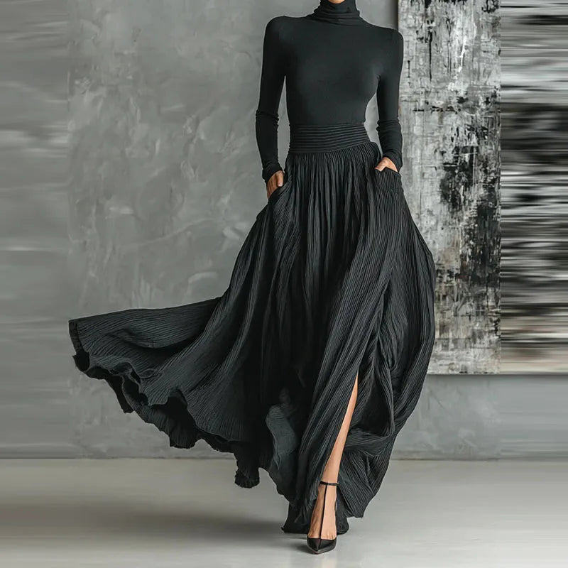 Elegant L/S Casual Turtleneck Pullover & Long Skirt Set with Pocket Solid Skirt